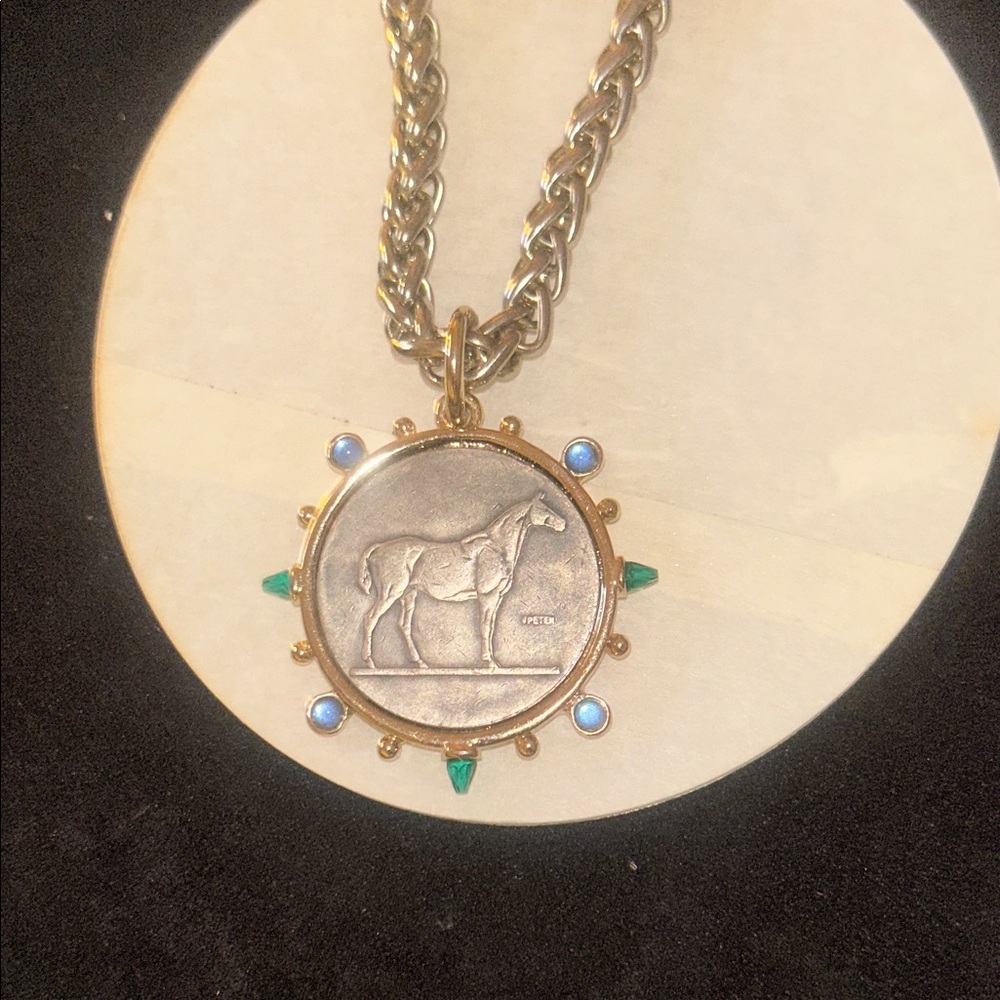 Horse Medallion Pendant Necklace in Gold and Silver with Blue Crystal Accents